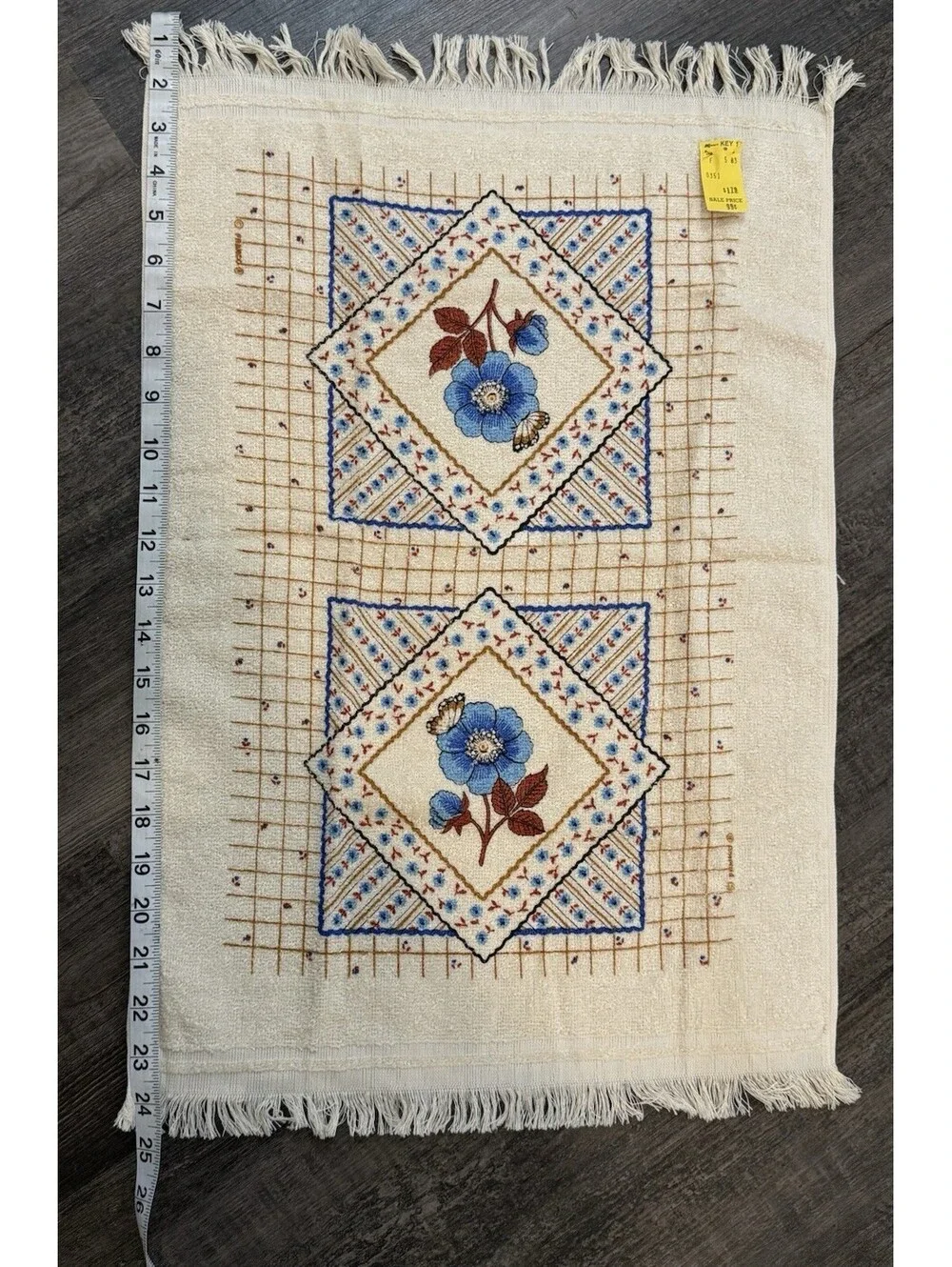 CANNON Hand Kitchen Towel Fringe 70s NOS Blue Rose Butterfly Flower Vtg